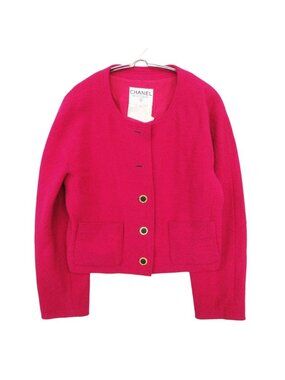 Chanel Collarless Jacket Tweed Gold Button Cropped Front Opening Lined Pink